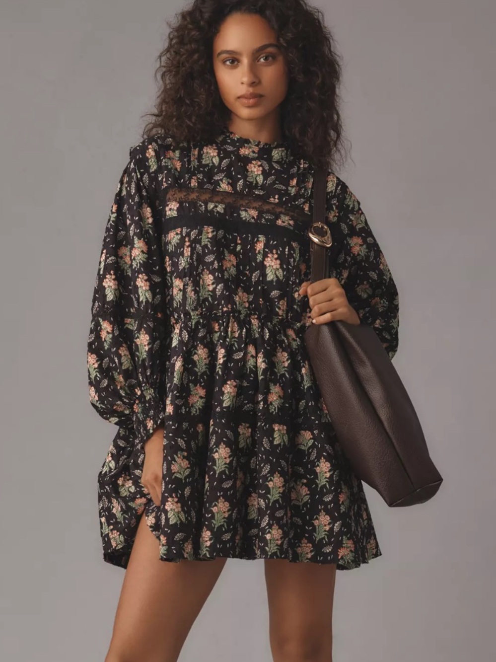 Pilcro Black Floral Tiered Mock Neck Mini Dress